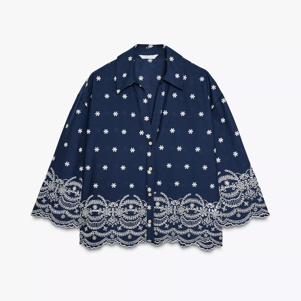 Zara Embroidered Shirt with White Floral Pattern